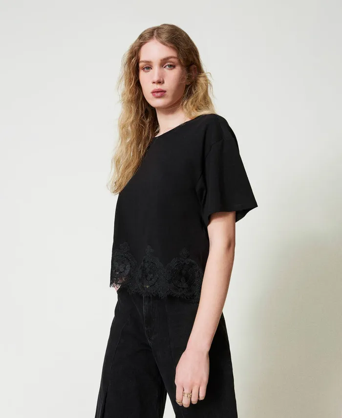 Twinset Macram Lace Cropped TShirt Black Women TShirts And Tops Twinset Macram Lace Cropped TShirt Black Women TShirts And Tops
