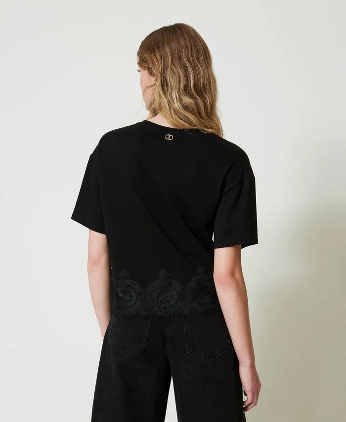 Twinset Macram Lace Cropped TShirt Black Women TShirts And Tops Twinset Macram Lace Cropped TShirt Black Women TShirts And Tops