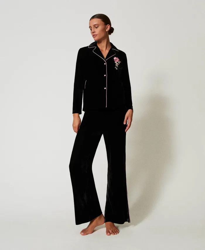 Twinset Mannish Velvet Pyjamas With Embroidery Black Women Underwear And Nightwear