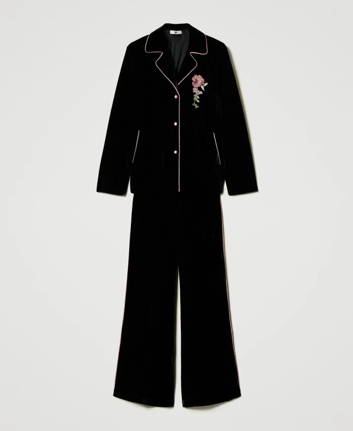 Twinset Mannish Velvet Pyjamas With Embroidery Black Women Underwear And Nightwear Twinset Mannish Velvet Pyjamas With Embroidery Black Women Underwear And Nightwear