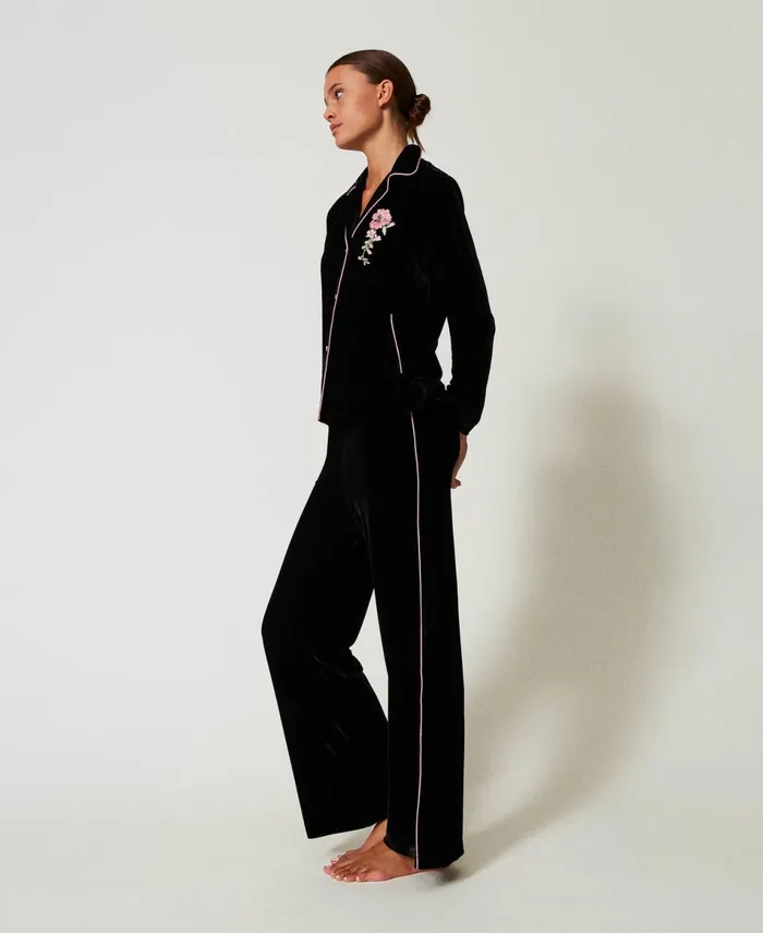 Twinset Mannish Velvet Pyjamas With Embroidery Black Women Underwear And Nightwear Twinset Mannish Velvet Pyjamas With Embroidery Black Women Underwear And Nightwear