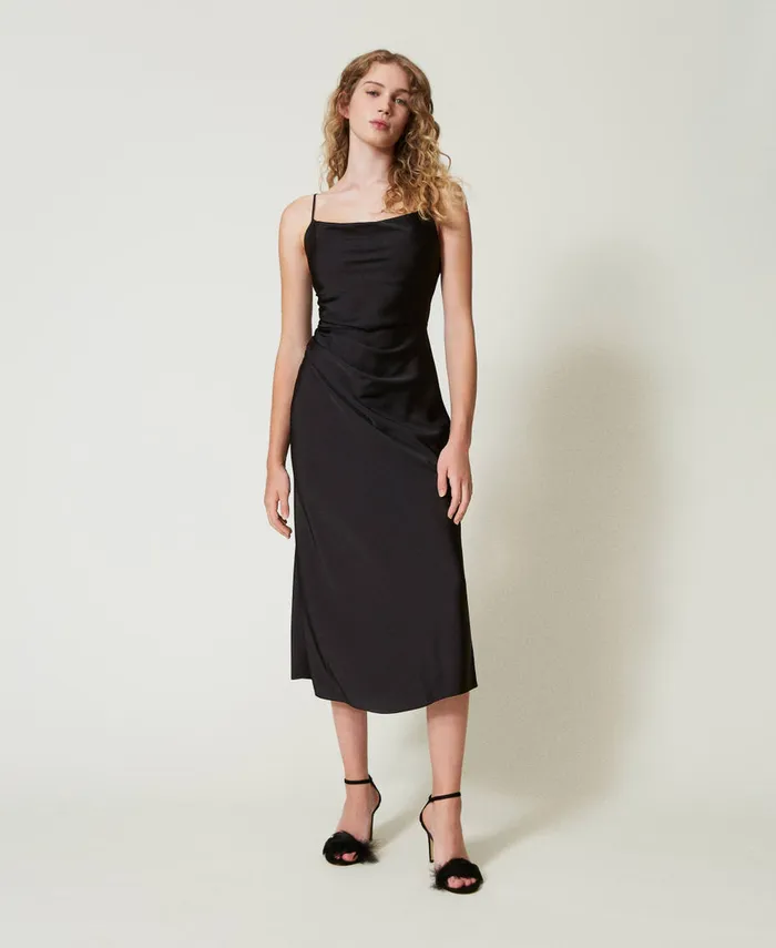 Twinset Midi Satin Dress With Draping Black Women Dresses
