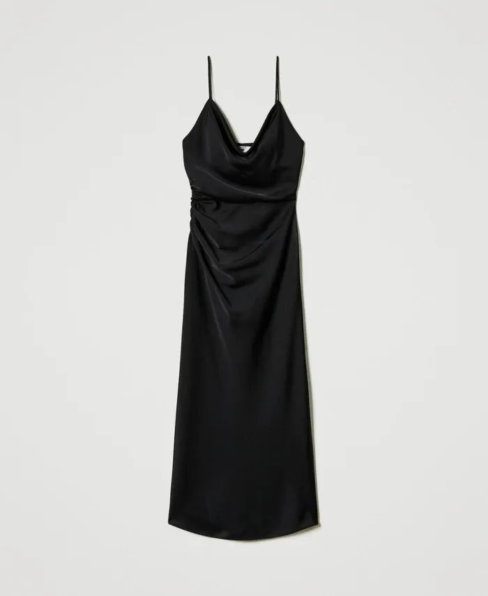Twinset Midi Satin Dress With Draping Black Women Dresses Twinset Midi Satin Dress With Draping Black Women Dresses