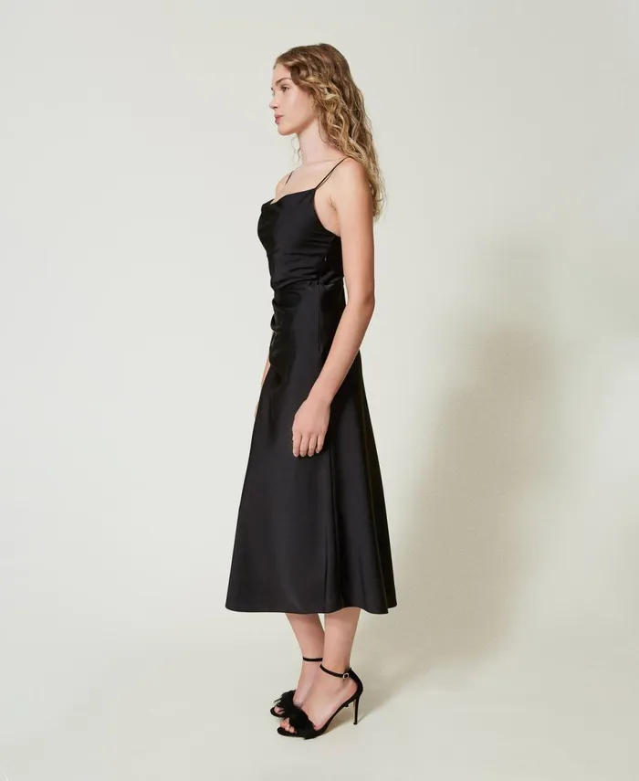 Twinset Midi Satin Dress With Draping Black Women Dresses Twinset Midi Satin Dress With Draping Black Women Dresses