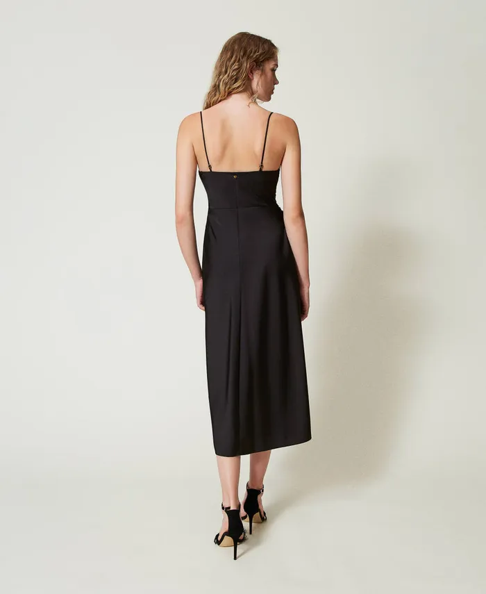 Twinset Midi Satin Dress With Draping Black Women Dresses Twinset Midi Satin Dress With Draping Black Women Dresses