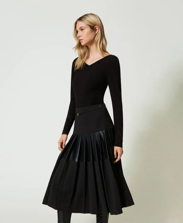Twinset Midi Skirt With Inserts Black Women Skirts Twinset Midi Skirt With Inserts Black Women Skirts