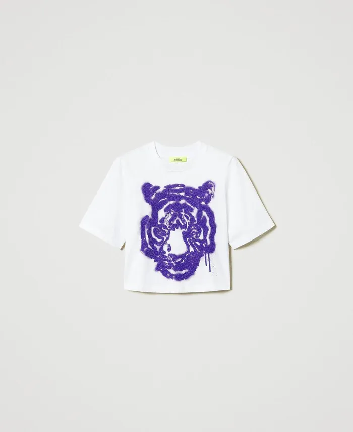 Twinset Myfo Boxy TShirt With Print And Sequins Purple Tiger Print Women TShirts And Tops