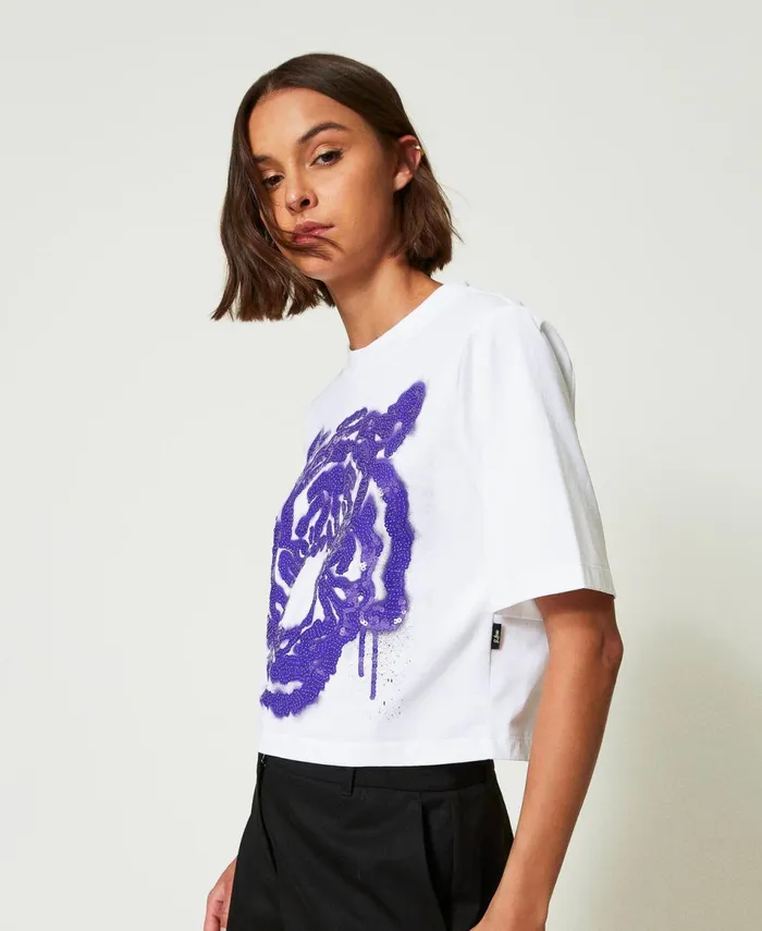 Twinset Myfo Boxy TShirt With Print And Sequins Purple Tiger Print Women TShirts And Tops