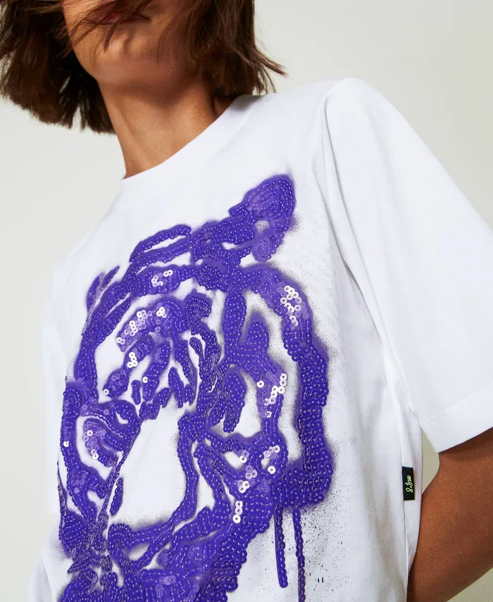Twinset Myfo Boxy TShirt With Print And Sequins Purple Tiger Print Women TShirts And Tops
