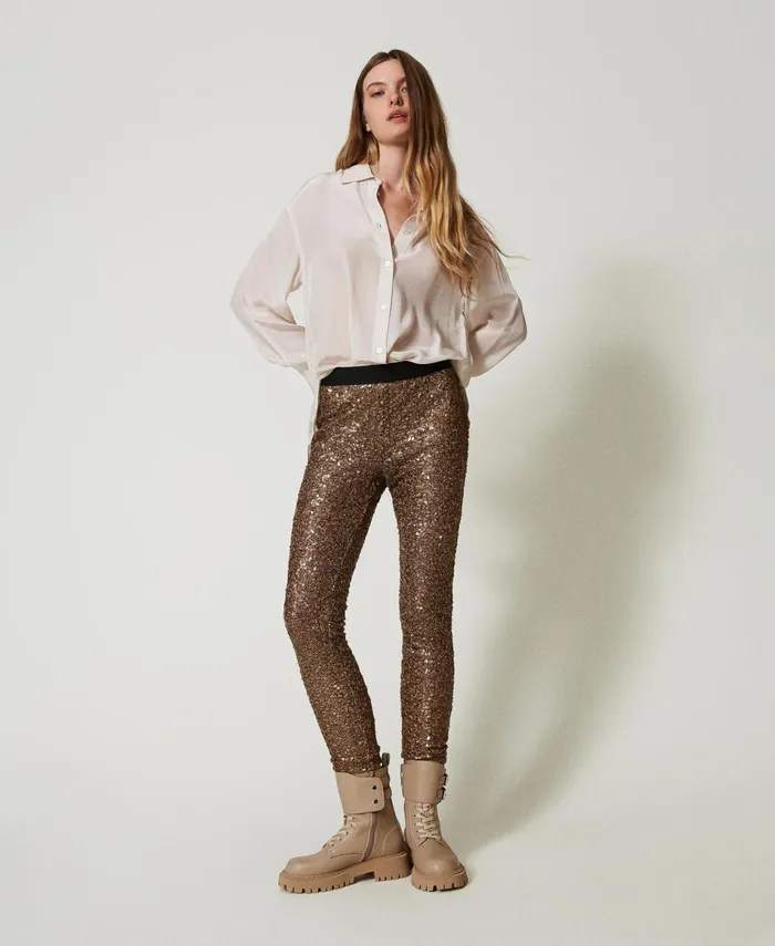 Twinset Myfo Full Sequin Leggings Lark Brown Women Trousers Twinset Myfo Full Sequin Leggings Lark Brown Women Trousers