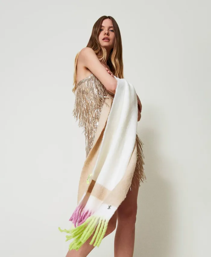 Twinset Myfo Scarf With Fadeout Fringes Twotone Snow White Dull Gold Women Scarves Twinset Myfo Scarf With Fadeout Fringes Twotone Snow White Dull Gold Women Scarves