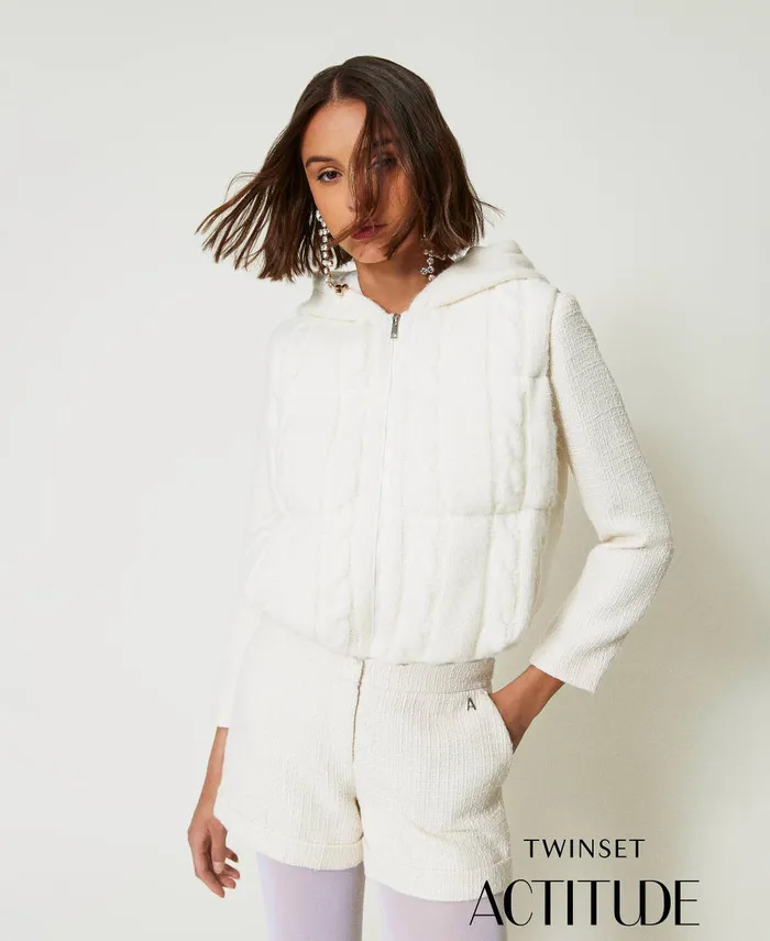 Twinset Padded Gilet With Cable Knit Pattern White Cream Women Jackets And Outerwear