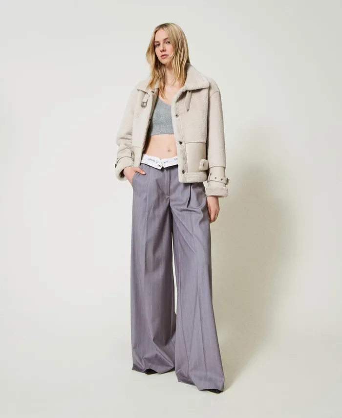 Twinset Pinstripe Wide Leg Trousers With Folded Hem Snow Pinstripe Melange Grey Women Suits And Sets