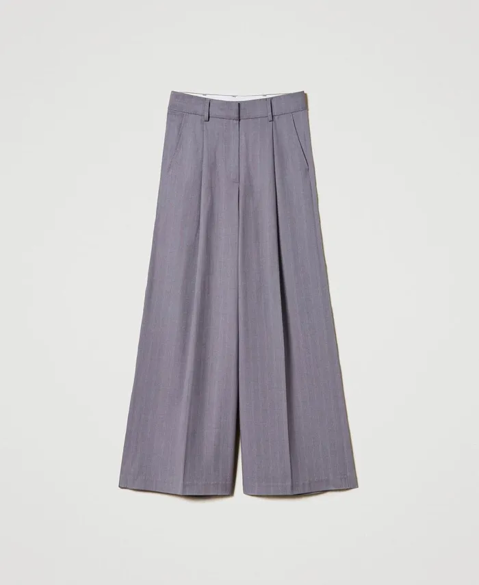 Twinset Pinstripe Wide Leg Trousers With Folded Hem Snow Pinstripe Melange Grey Women Suits And Sets Twinset Pinstripe Wide Leg Trousers With Folded Hem Snow Pinstripe Melange Grey Women Suits And Sets