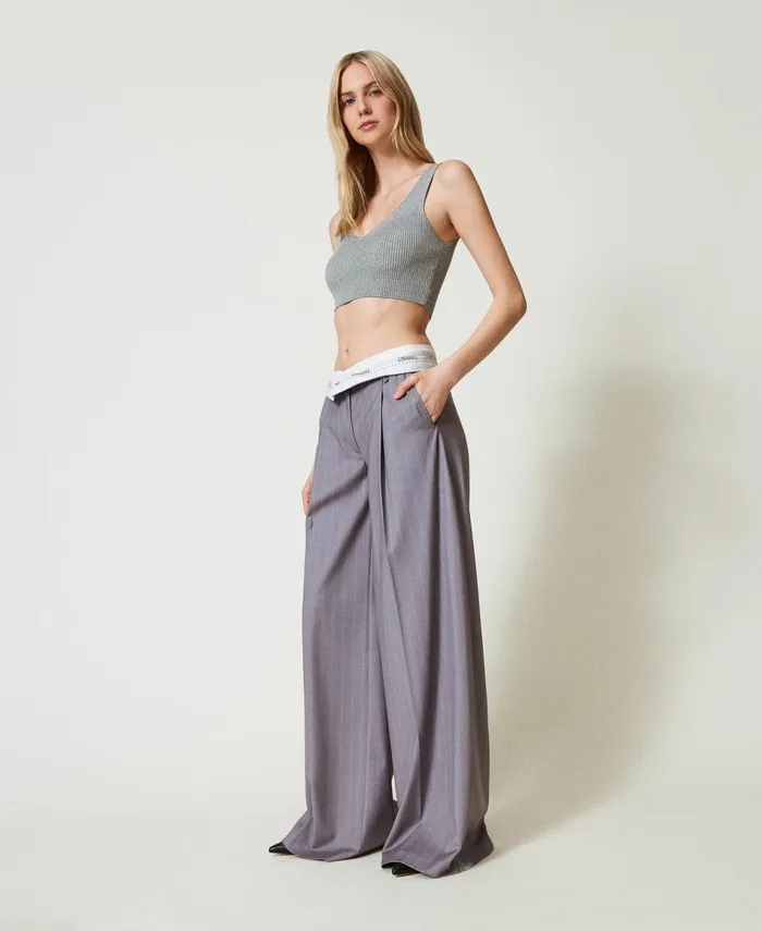 Twinset Pinstripe Wide Leg Trousers With Folded Hem Snow Pinstripe Melange Grey Women Suits And Sets Twinset Pinstripe Wide Leg Trousers With Folded Hem Snow Pinstripe Melange Grey Women Suits And Sets