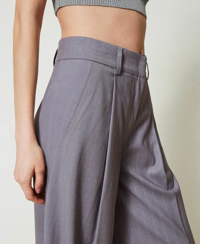 Twinset Pinstripe Wide Leg Trousers With Folded Hem Snow Pinstripe Melange Grey Women Suits And Sets Twinset Pinstripe Wide Leg Trousers With Folded Hem Snow Pinstripe Melange Grey Women Suits And Sets