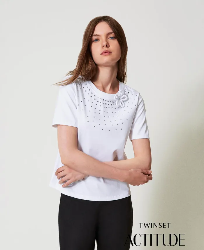 Twinset Regular Fit TShirt With Rhinestones And Flower Papers White Women TShirts And Tops