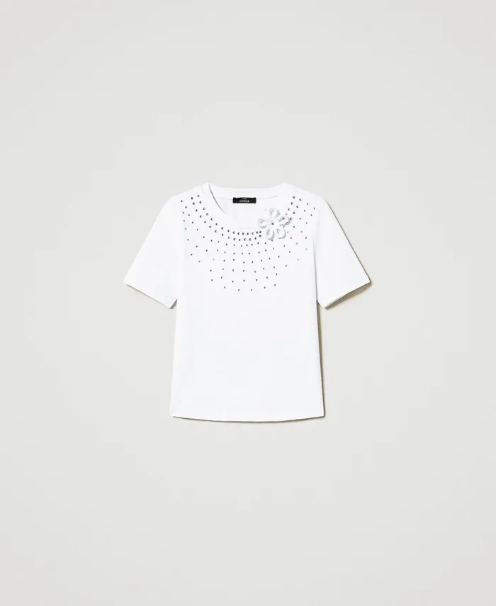 Twinset Regular Fit TShirt With Rhinestones And Flower Papers White Women TShirts And Tops Twinset Regular Fit TShirt With Rhinestones And Flower Papers White Women TShirts And Tops