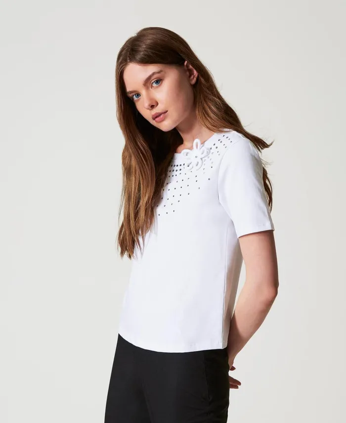 Twinset Regular Fit TShirt With Rhinestones And Flower Papers White Women TShirts And Tops Twinset Regular Fit TShirt With Rhinestones And Flower Papers White Women TShirts And Tops