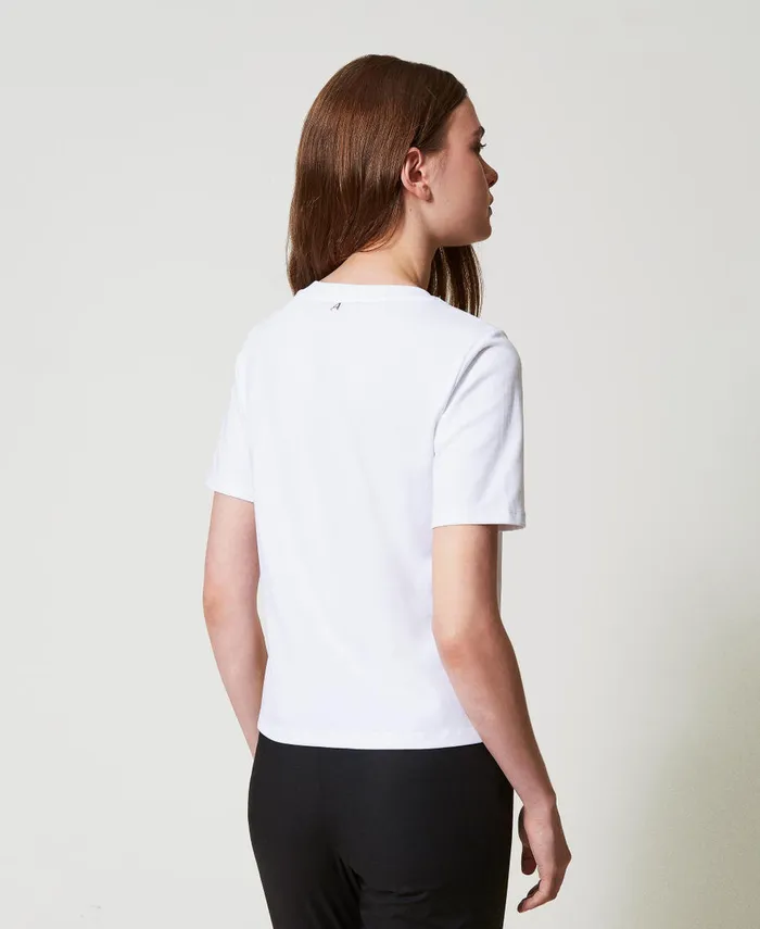 Twinset Regular Fit TShirt With Rhinestones And Flower Papers White Women TShirts And Tops Twinset Regular Fit TShirt With Rhinestones And Flower Papers White Women TShirts And Tops