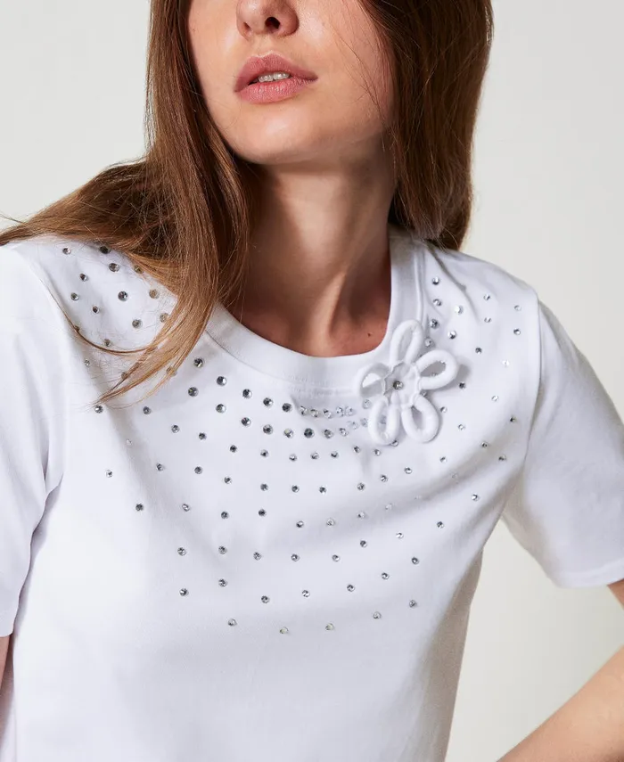 Twinset Regular Fit TShirt With Rhinestones And Flower Papers White Women TShirts And Tops Twinset Regular Fit TShirt With Rhinestones And Flower Papers White Women TShirts And Tops