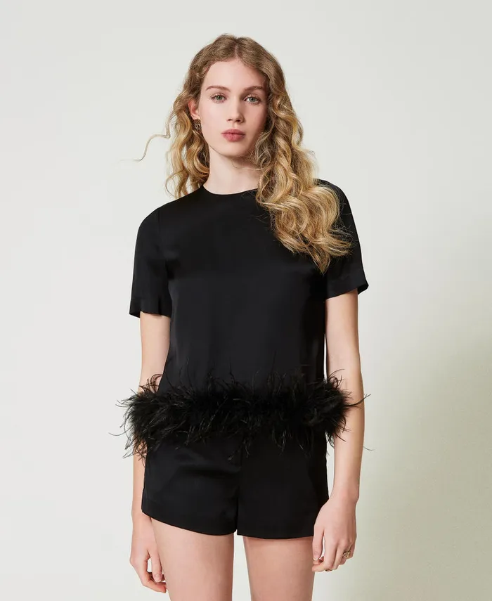Twinset Satin Blouse With Feathers Black Women Blouses And Shirts