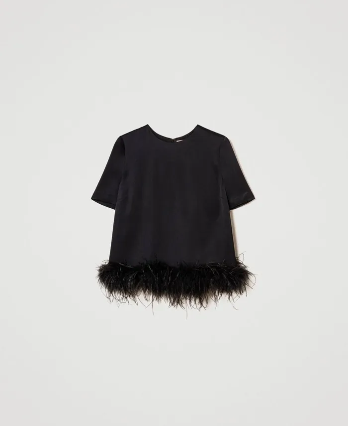 Twinset Satin Blouse With Feathers Black Women Blouses And Shirts Twinset Satin Blouse With Feathers Black Women Blouses And Shirts