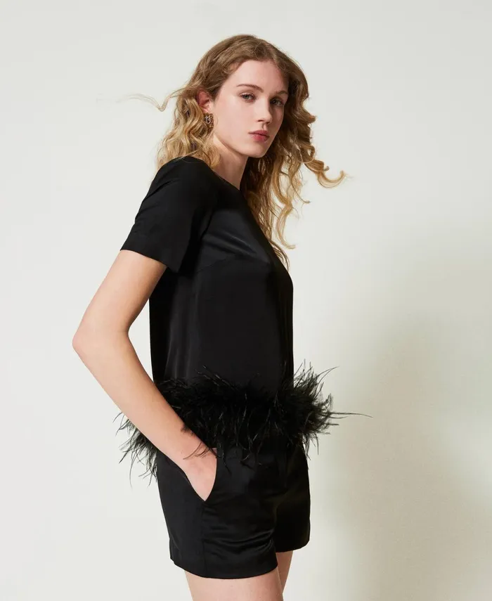 Twinset Satin Blouse With Feathers Black Women Blouses And Shirts Twinset Satin Blouse With Feathers Black Women Blouses And Shirts