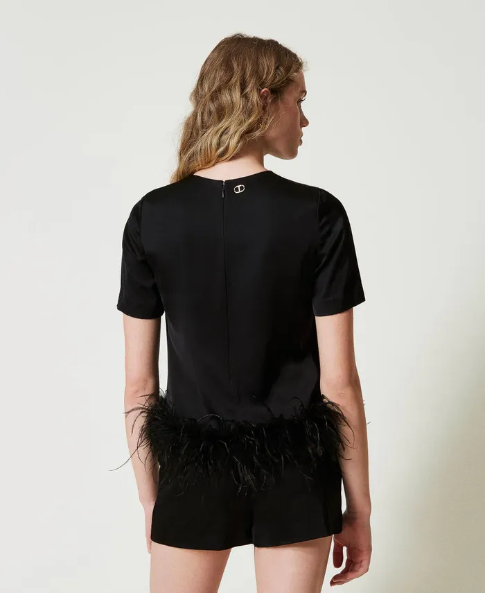 Twinset Satin Blouse With Feathers Black Women Blouses And Shirts Twinset Satin Blouse With Feathers Black Women Blouses And Shirts