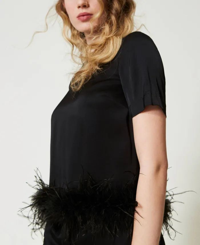 Twinset Satin Blouse With Feathers Black Women Blouses And Shirts Twinset Satin Blouse With Feathers Black Women Blouses And Shirts