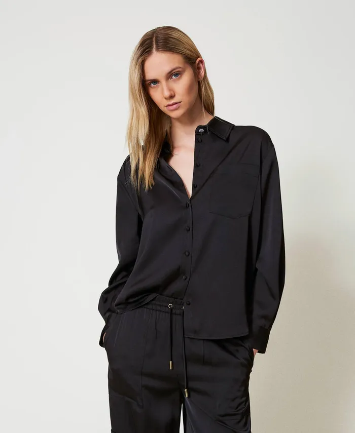 Twinset Satin Shirt With Jewel Button Black Women Blouses And Shirts