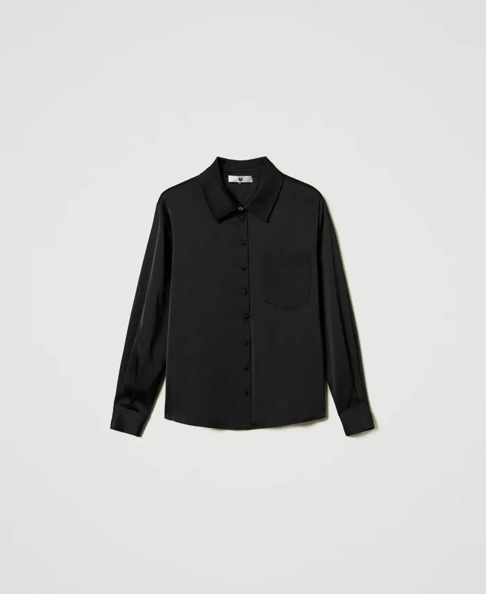 Twinset Satin Shirt With Jewel Button Black Women Blouses And Shirts Twinset Satin Shirt With Jewel Button Black Women Blouses And Shirts