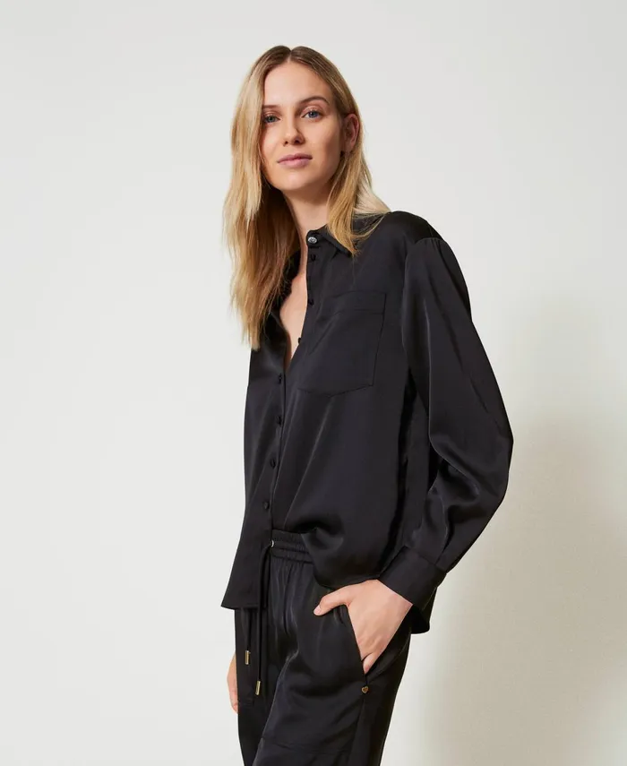 Twinset Satin Shirt With Jewel Button Black Women Blouses And Shirts Twinset Satin Shirt With Jewel Button Black Women Blouses And Shirts