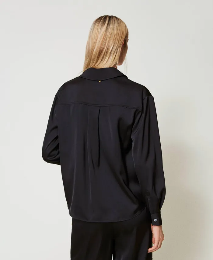 Twinset Satin Shirt With Jewel Button Black Women Blouses And Shirts Twinset Satin Shirt With Jewel Button Black Women Blouses And Shirts