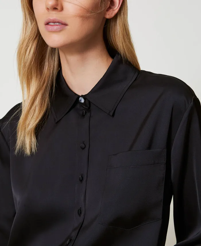 Twinset Satin Shirt With Jewel Button Black Women Blouses And Shirts Twinset Satin Shirt With Jewel Button Black Women Blouses And Shirts