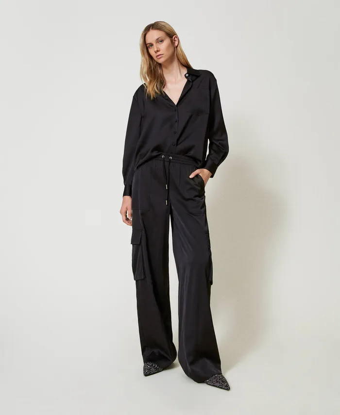 Twinset Satin Shirt With Jewel Button Black Women Blouses And Shirts Twinset Satin Shirt With Jewel Button Black Women Blouses And Shirts