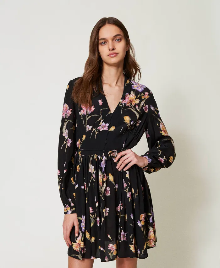 Twinset Short Crpe De Chine Floral Dress Multicolourblack Iris Print Women Dresses