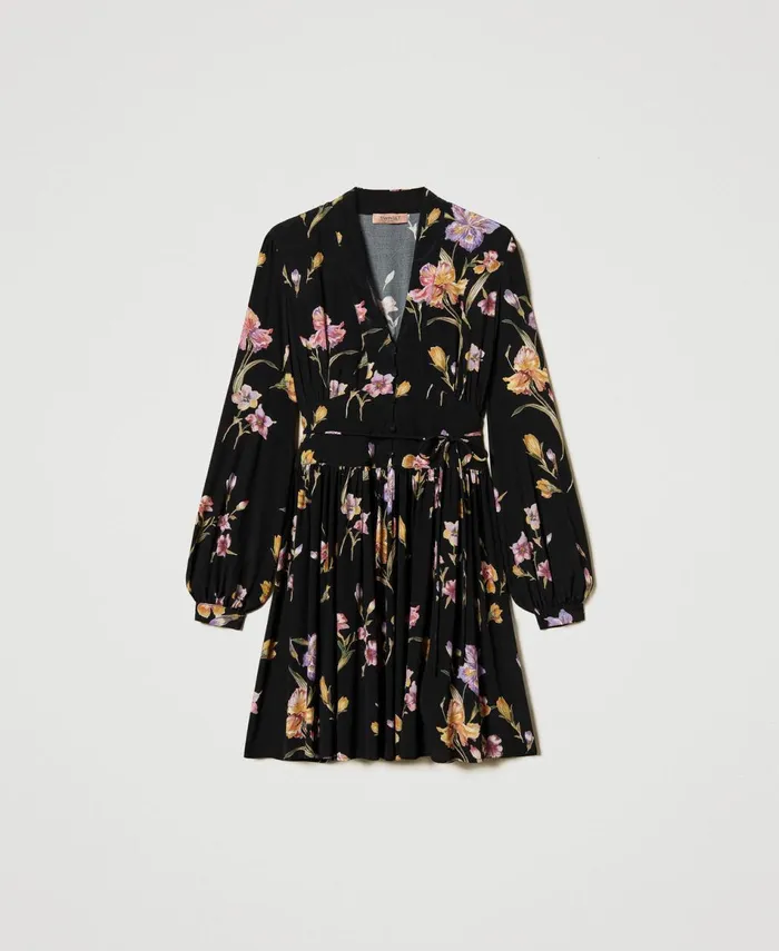 Twinset Short Crpe De Chine Floral Dress Multicolourblack Iris Print Women Dresses Twinset Short Crpe De Chine Floral Dress Multicolourblack Iris Print Women Dresses