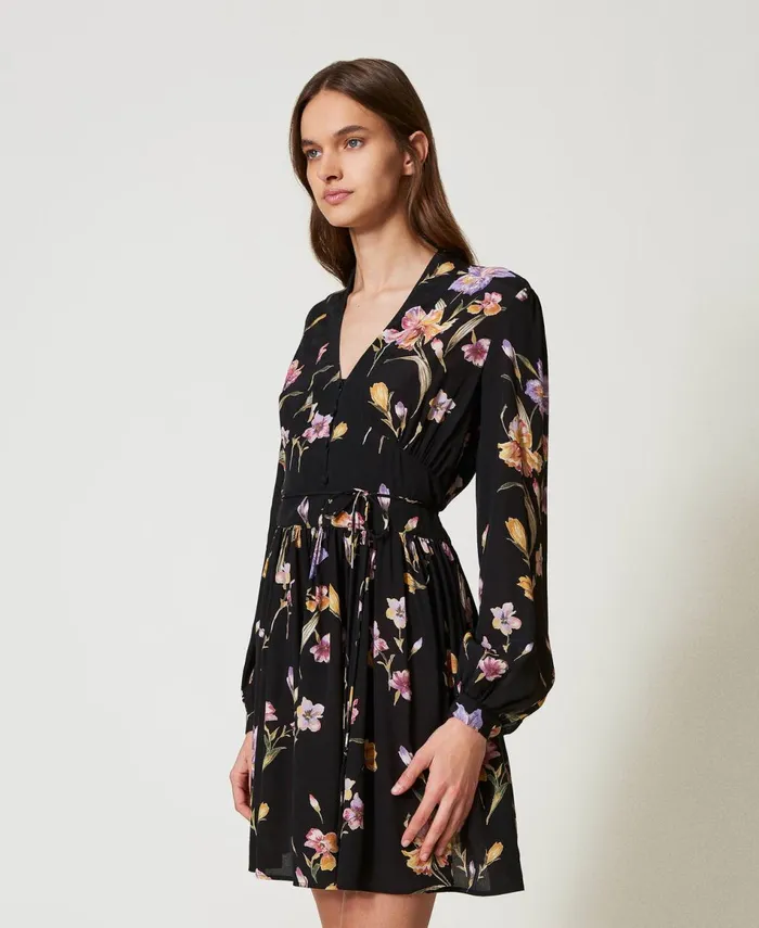 Twinset Short Crpe De Chine Floral Dress Multicolourblack Iris Print Women Dresses Twinset Short Crpe De Chine Floral Dress Multicolourblack Iris Print Women Dresses