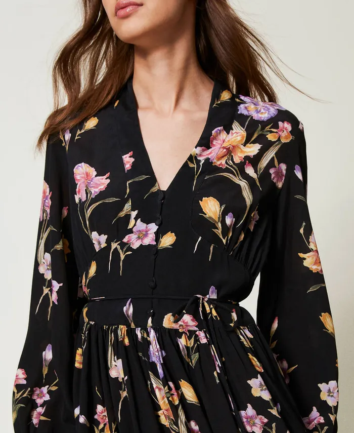 Twinset Short Crpe De Chine Floral Dress Multicolourblack Iris Print Women Dresses Twinset Short Crpe De Chine Floral Dress Multicolourblack Iris Print Women Dresses