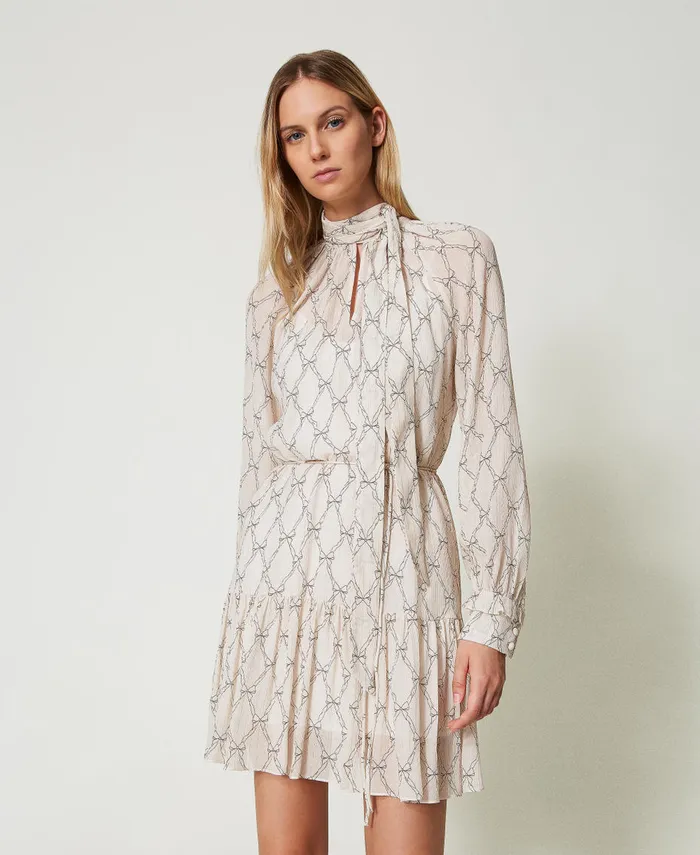 Twinset Short Creponne Dress With Bow Print White Cream Black Bow Print Women Dresses