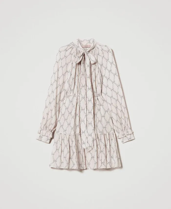 Twinset Short Creponne Dress With Bow Print White Cream Black Bow Print Women Dresses Twinset Short Creponne Dress With Bow Print White Cream Black Bow Print Women Dresses
