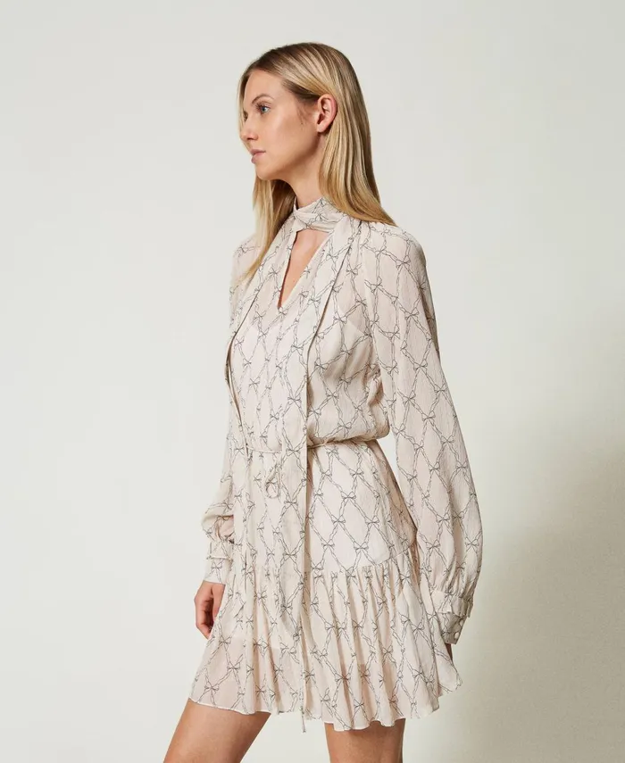 Twinset Short Creponne Dress With Bow Print White Cream Black Bow Print Women Dresses Twinset Short Creponne Dress With Bow Print White Cream Black Bow Print Women Dresses