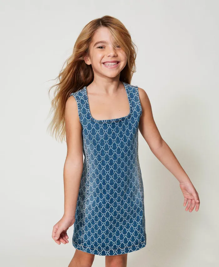 Twinset Short Denim Dress With Oval T Logo All Over Mid Denim Logo Girl Dresses