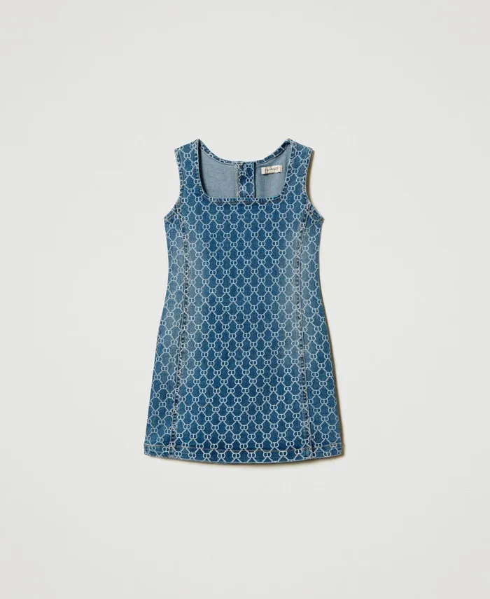 Twinset Short Denim Dress With Oval T Logo All Over Mid Denim Logo Girl Dresses Twinset Short Denim Dress With Oval T Logo All Over Mid Denim Logo Girl Dresses