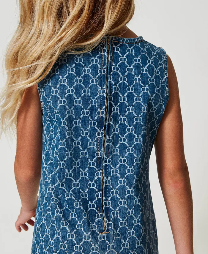 Twinset Short Denim Dress With Oval T Logo All Over Mid Denim Logo Girl Dresses Twinset Short Denim Dress With Oval T Logo All Over Mid Denim Logo Girl Dresses