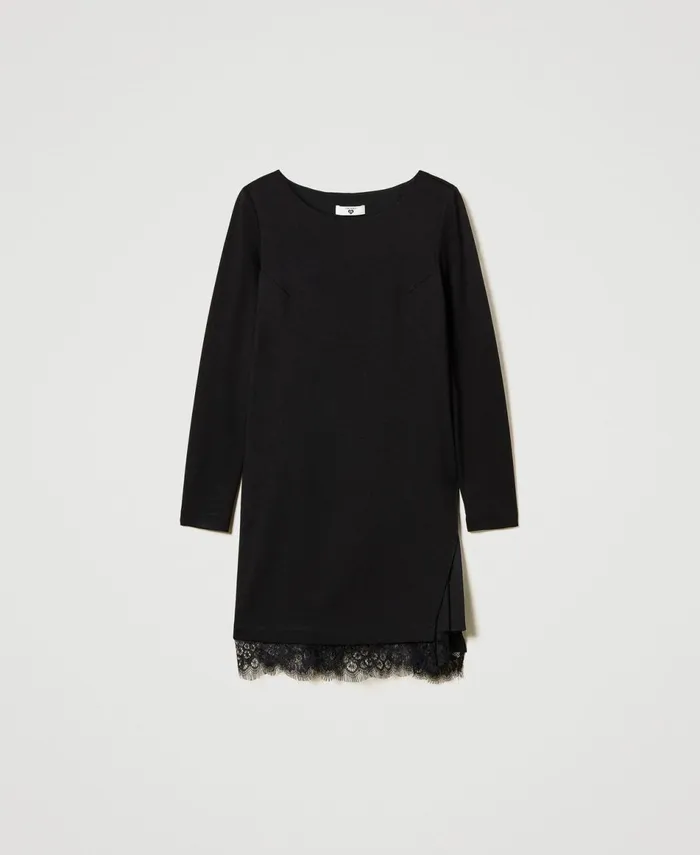 Twinset Short Dress With Lace Black Women Dresses Twinset Short Dress With Lace Black Women Dresses