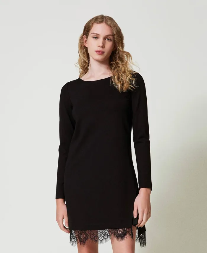 Twinset Short Dress With Lace Black Women Dresses Twinset Short Dress With Lace Black Women Dresses