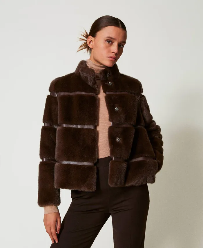 Twinset Short Faux Fur Coat With Inlays Coffee Chocolate Women Jackets And Outerwear
