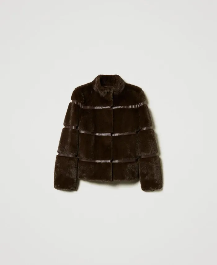 Twinset Short Faux Fur Coat With Inlays Coffee Chocolate Women Jackets And Outerwear Twinset Short Faux Fur Coat With Inlays Coffee Chocolate Women Jackets And Outerwear
